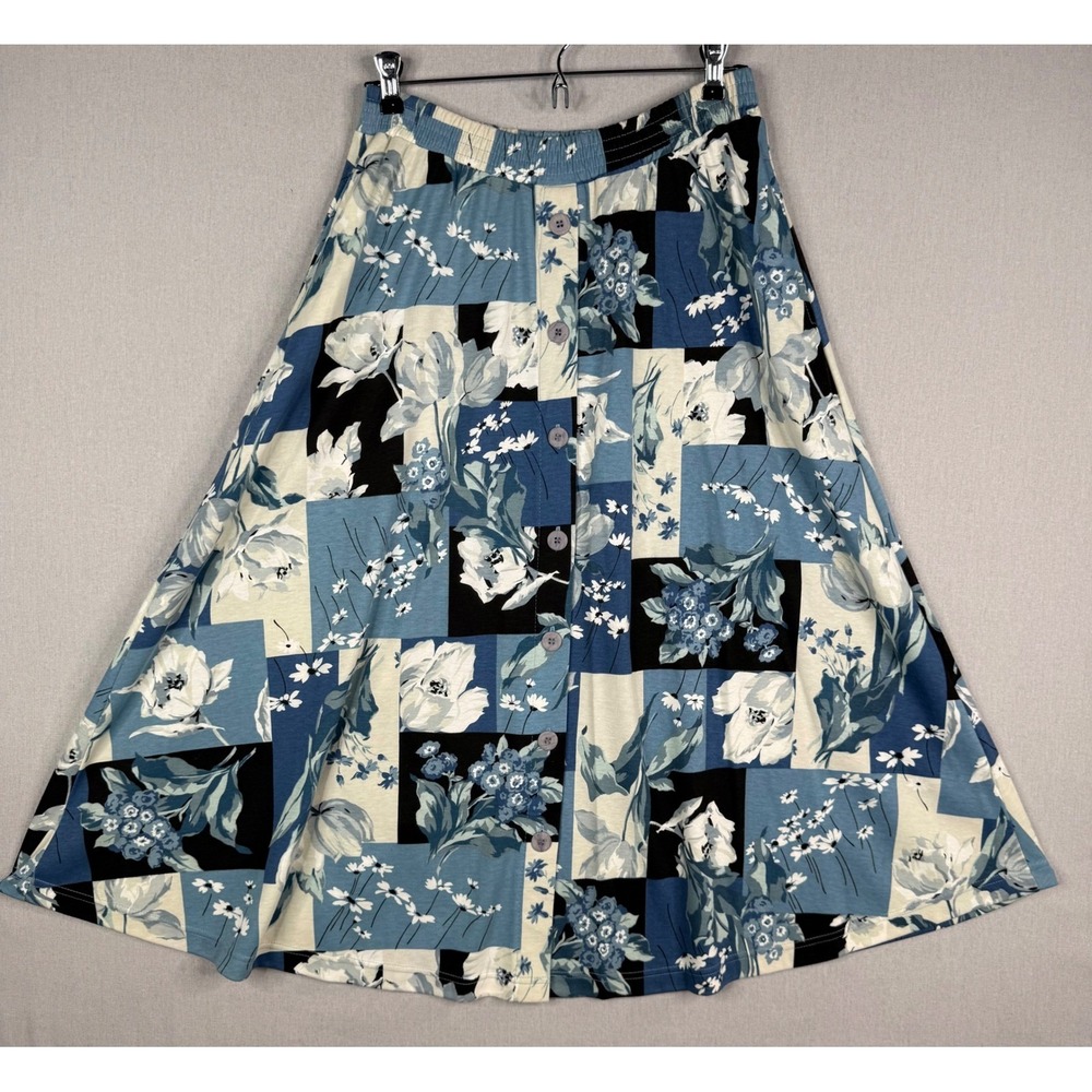 Vintage Patchwork Button Down Skirt Womens L Blue Floral Modest Stretch USA - Picture 1 of 7